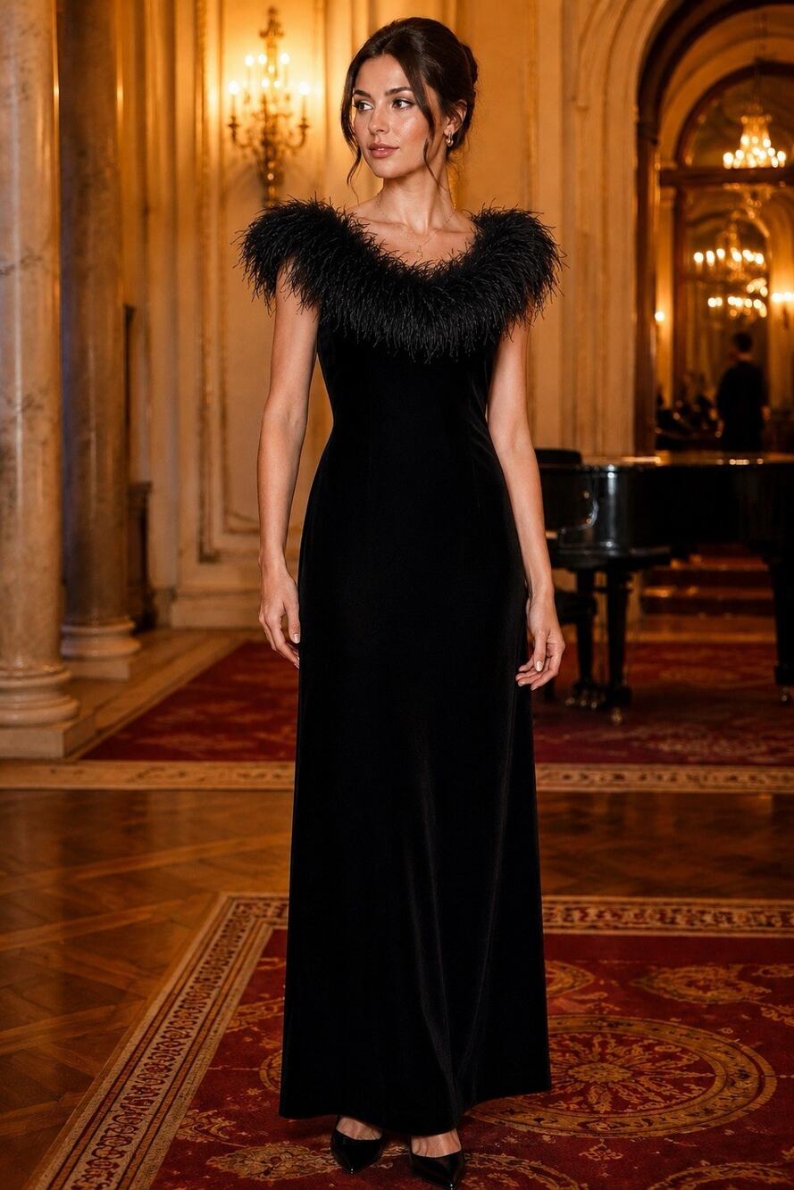 Vintage Black Velvet Ostrich Feather Maxi Gown Womens On Off Shoulder Size 14